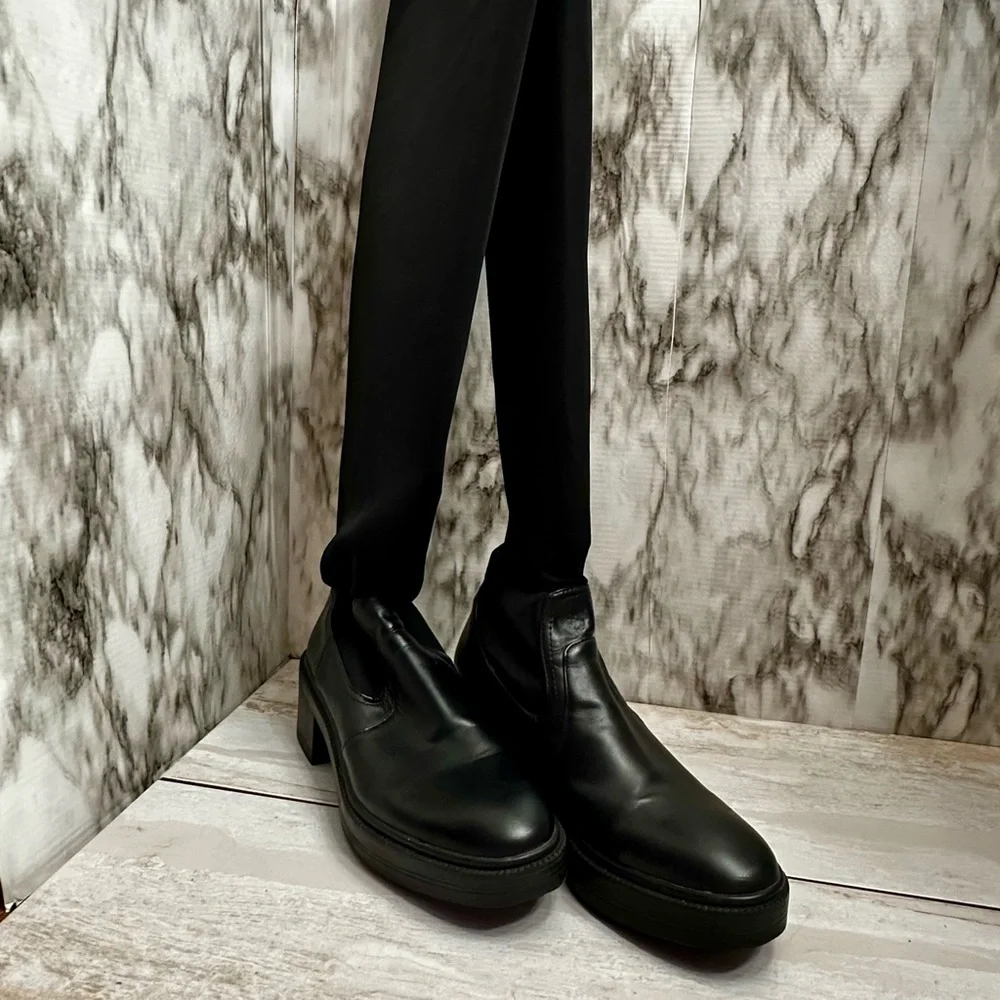 Zara Womens Sz 36 US 6 Black Stretch Knee High Boots Lug Bottom Wide Shaft Moto